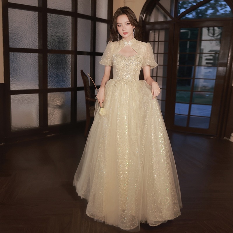 イブニングドレス女性宴会気質プリンセススカートアートテスト大人のシャンパンカラーのガーゼスカートハイエンドライト高級ニッチホスト女性