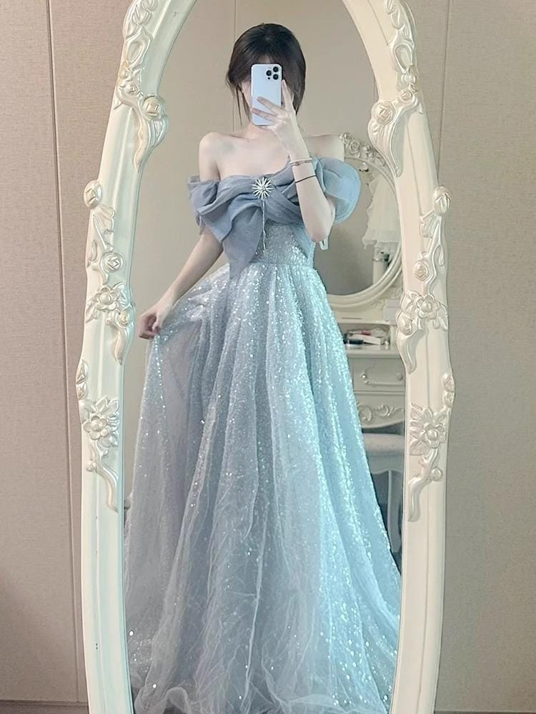 ボートネック ドレス ワンピース レディース ハイウエスト 気質 ロングドレス パーティードレス 誕生日 披露宴 花嫁 演奏会 卒業式 成人式 ポンポンスカート