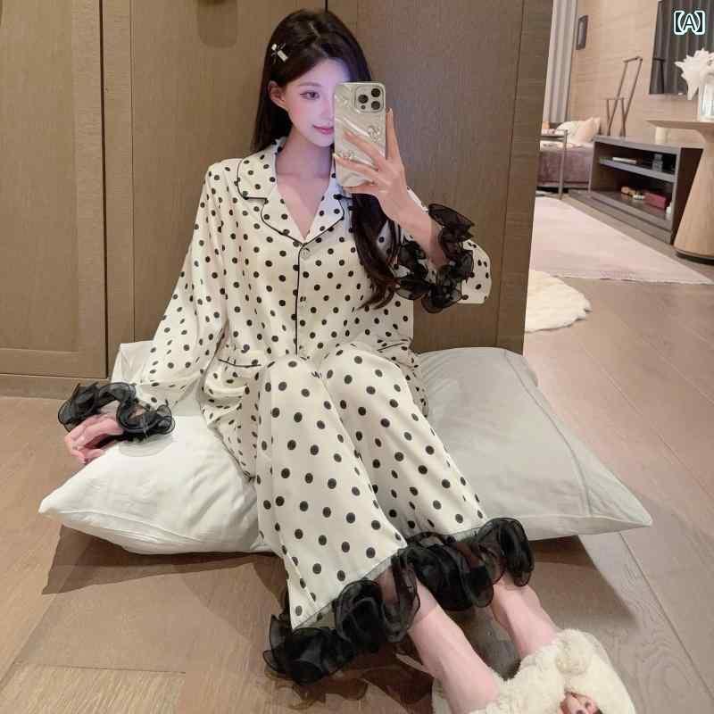 シルク　パジャマ　レディース 冷感 パジャマ レディース 春秋 長袖 軽量 高級 ハイエンド 2025 レース 袖 ドット ホームウェア スーツ