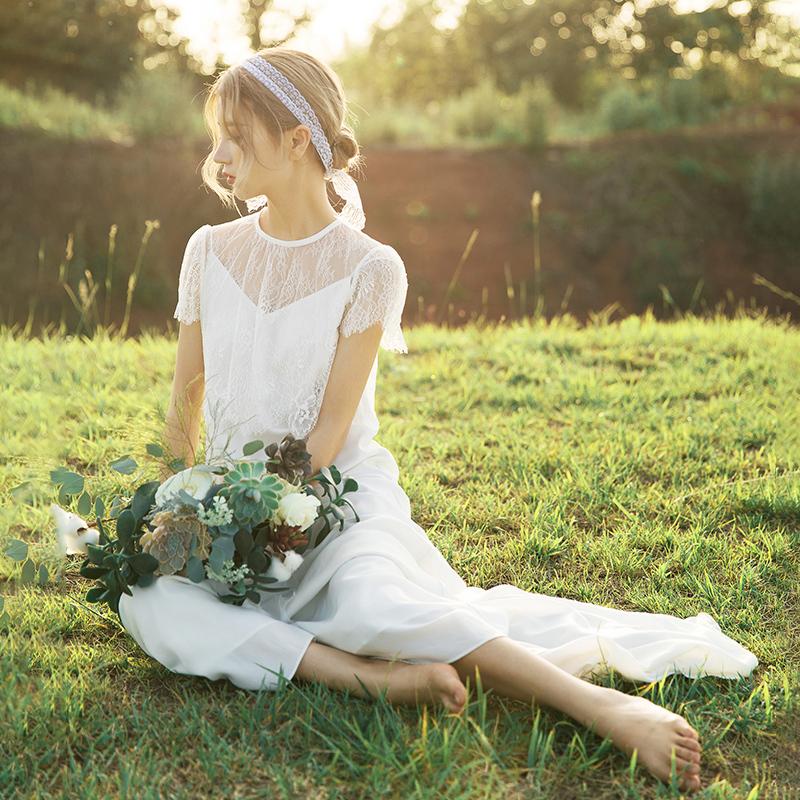ウェディングドレス 2way 二次会 結婚式 ブライダル ロングドレス 半袖 レース 前撮り 白 海外挙式 花嫁 リゾートウェディング 記念撮影 ウエディングドレス