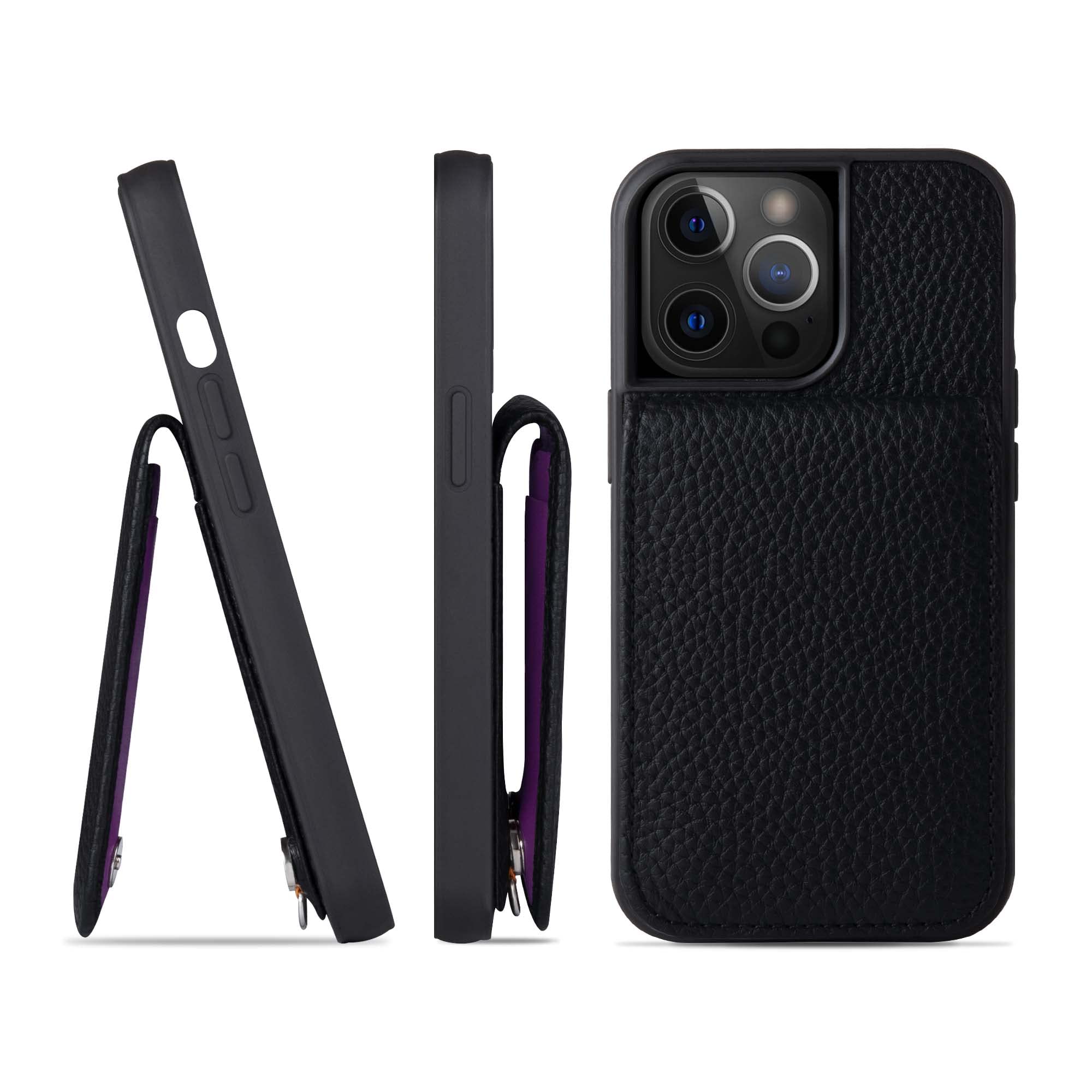 HANATORA for iPhone 13Pro ケース バンパー型 本革 スマホケース スマホ カードポケット スタンド ショルダーストラップ 付き シュリンクカーフレザー ギフト ブラック SC