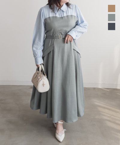 大きいサイズ レディース LL 3L 4L XL XXL XXXL CLETTEオリジナルシャツドッキングベルト付きワンピース