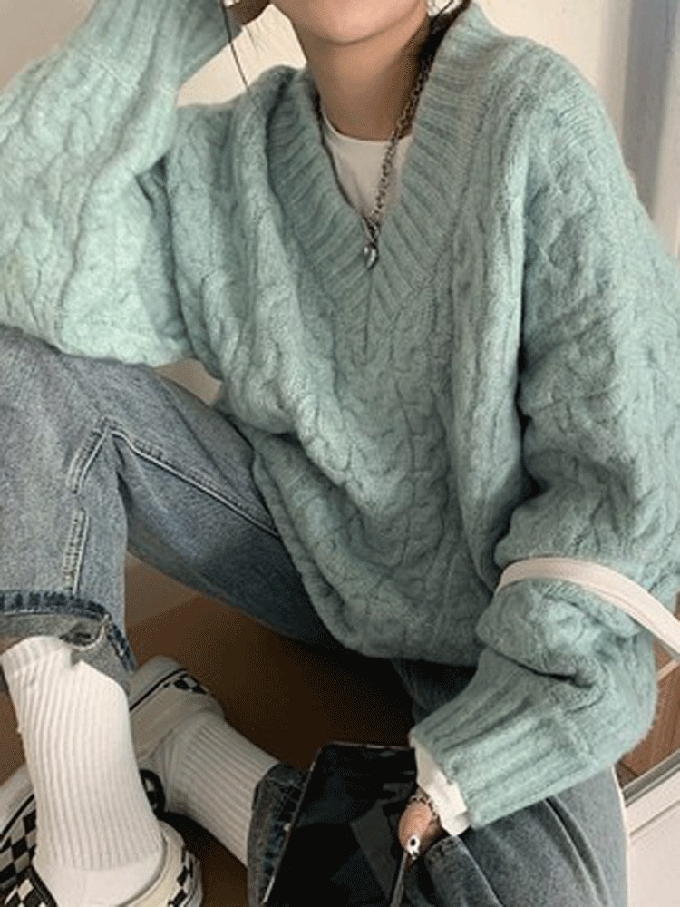 2023新しい緩いアウターウェアソフトVネックセットヘッドツイストニットジャンパーメスジャケット