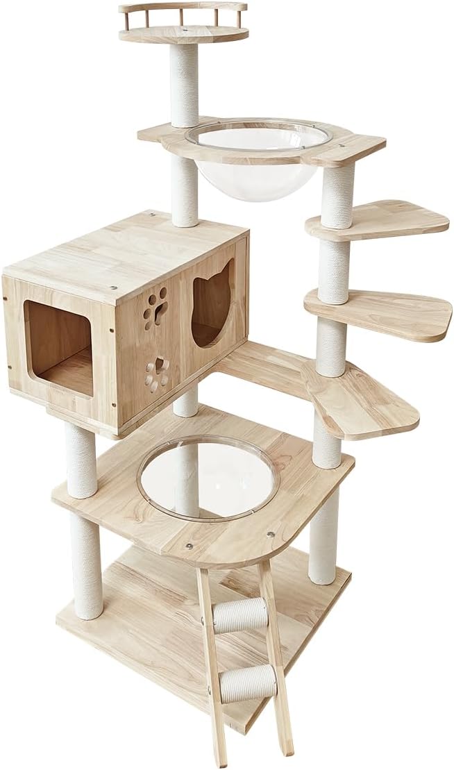 RAKU 猫タワー 木製キャットタワー 据え置き 大型猫 高さ約136cm スタンダード式 猫キャットタワー 多頭飼い ねこ部屋付き 安定性 組み立て簡単 日本語説明書付き (天然木製)