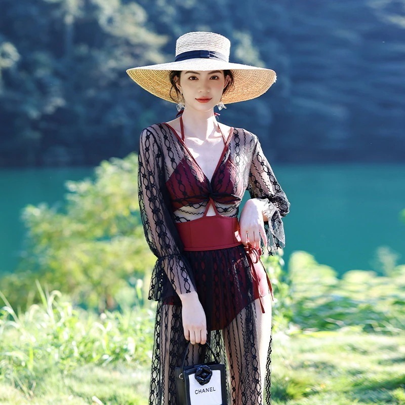 【急速出荷!】夏【HY.上品】レースカバー 2点セット ワンピース水着 レディース 水着 温泉 体型カバー キレイ セクシー ビキ 水陸両用 ラッシュガード 体型カバー 日焼け止め