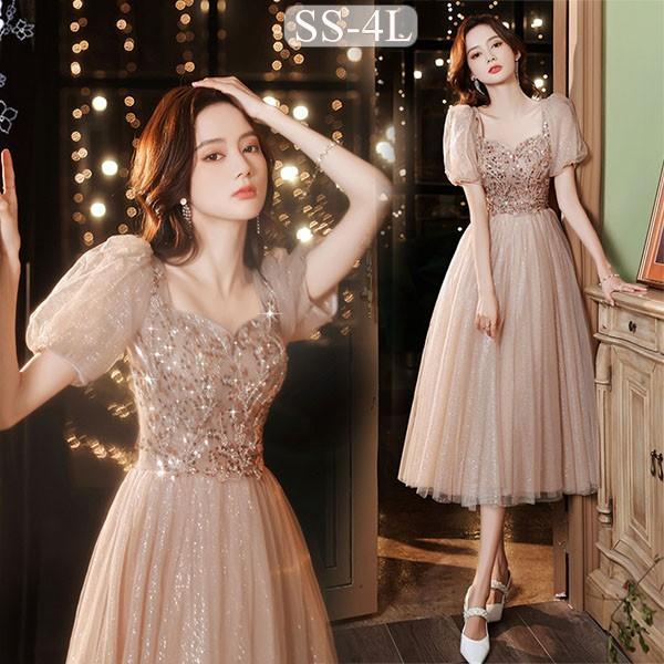 ドレス 大人 ピアノ発表会 演奏会 ミモレ丈 結婚式 大きいサイズ パーティードレス 袖あり お呼ばれ 20代 30代 可愛い フェミニン