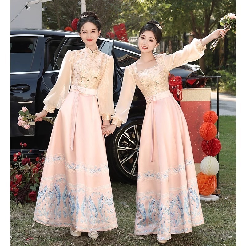 【1つ買うと10つ無料】新しいの花嫁介添人服姉妹グループファッショナブルで雰囲気のピンクの馬の顔のスカート服の婚約ドレス
