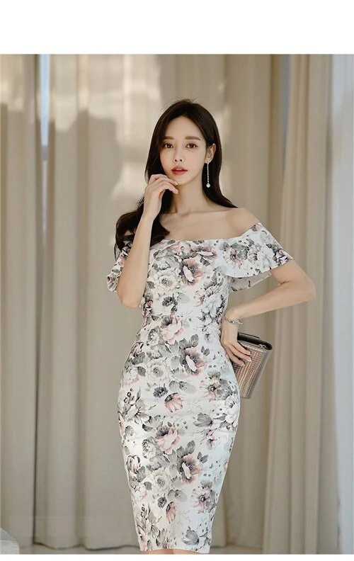 結婚式エレガントフリルパーティドレス風インポートきれいめミドル丈ボートネック二次会 母の日のプレゼント