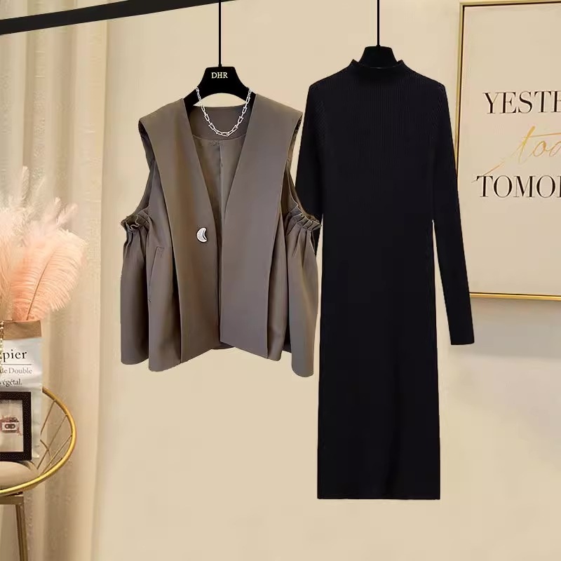 レディース ワンピース ベスト 羽織り セットアップ ロング丈 シンプル カジュアル キレイめ 長袖 こなれ感 大人 ブラウン ブラック 20代 30代 40代 通勤 通学 オフィス
