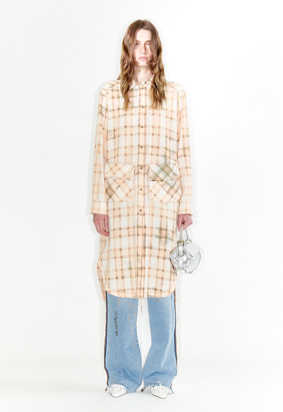 【OPEN Yy】 FADED CHECK POCKET LONG SHIRT : SALMON