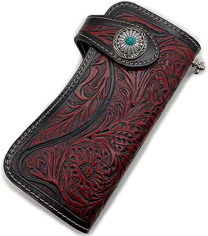 財布 メンズ 長財布 カービンウォレット バイカーズウォレット 本革 熟練職人による手彫り 小銭入れ(Red)