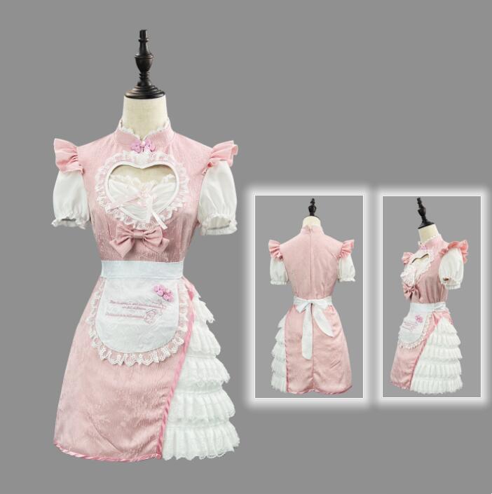 【TikTok人気新品】チャイナドレス メイド服 膝丈 ロリータドレス メイド コスプレ 衣装 ハート透かし彫り ロリータ服 レディース ハロウィン コスプレ チャイナ服 可愛い エプロン 喫茶店 メ