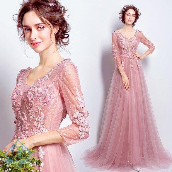 パーティードレス 袖あり 結婚式 フォーマル イブニングドレス カクテルドレス ロングドレス カラー