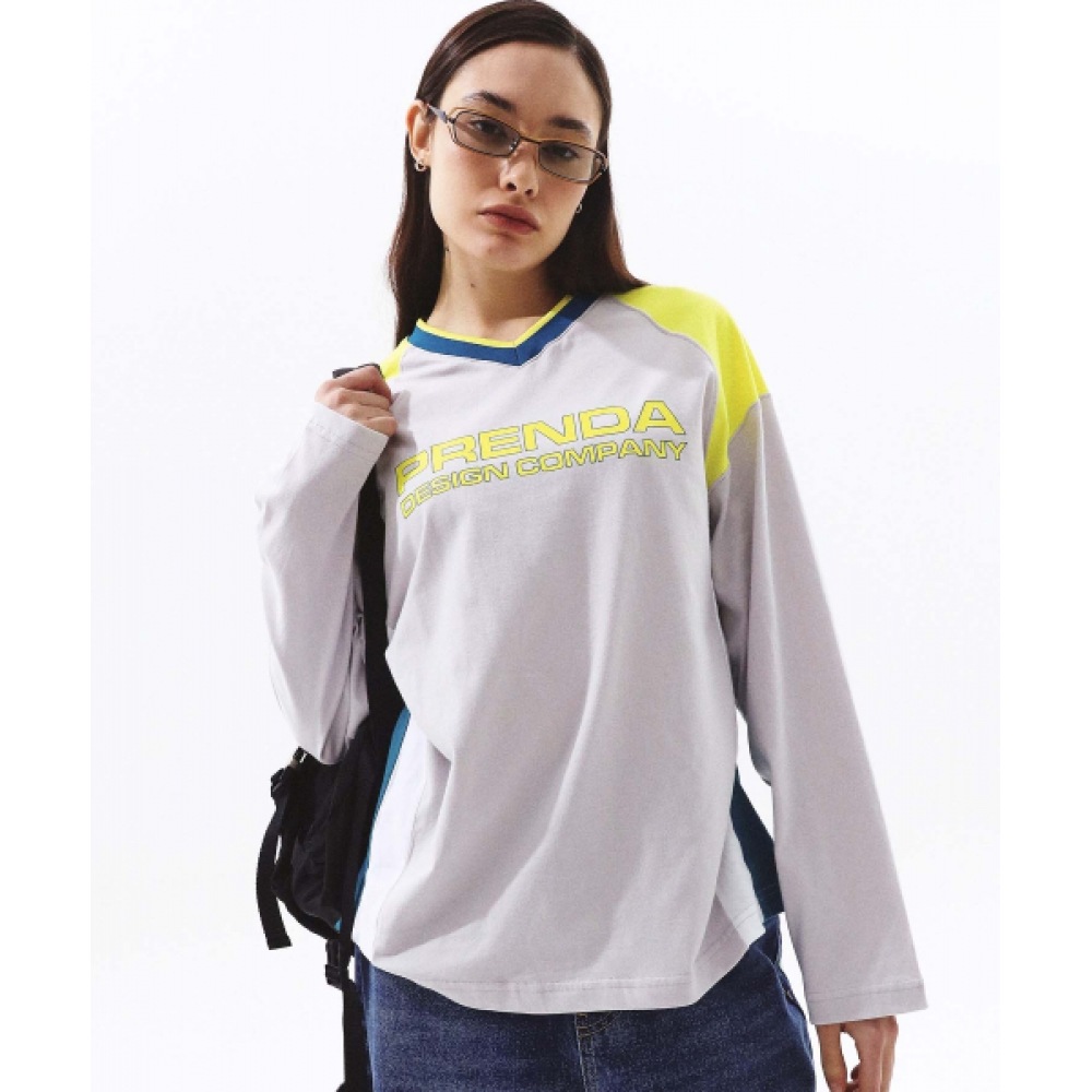 プレンダ PDC ロゴラグラン Vネックロングスリーブグレー