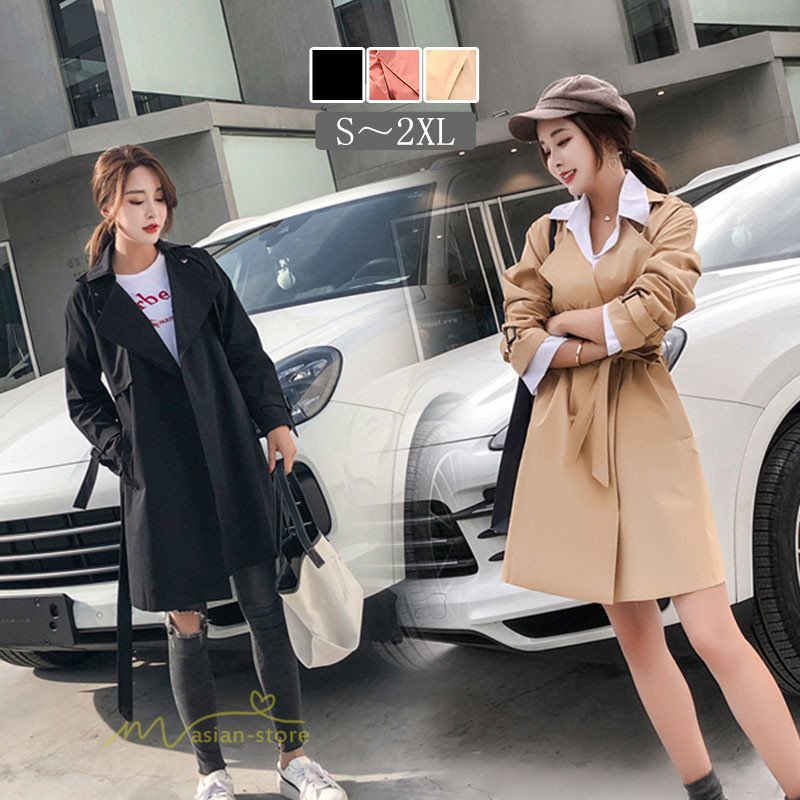 トレンチコート チェスターコート レディース 膝下丈 リボン付き 着痩せ お洒落 上品 大人 体型カ