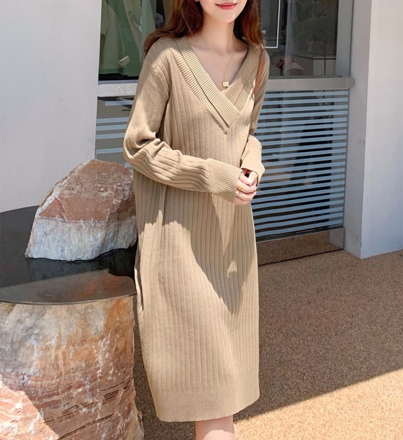 ニットワンピース ロングワンピース 秋冬ワンピース ワンピース ミモレ丈 長袖 Vネック ニット シンプル カジュアル 大人 おしゃれ フォーマル 無地 春 秋 冬 レディース デート お出かけ