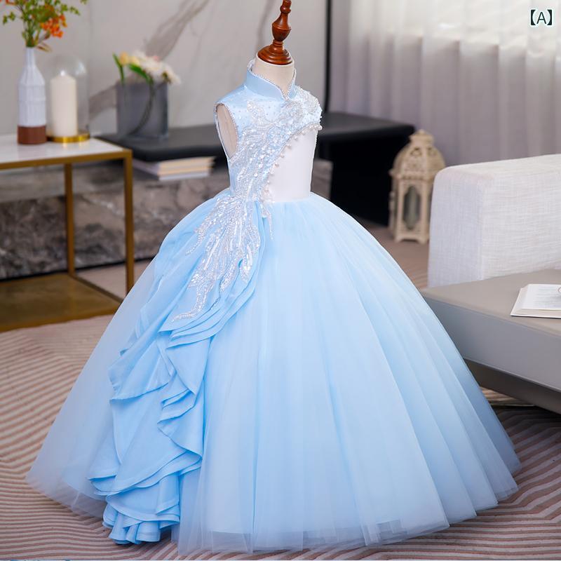 キッズ パーティードレス ジュニア ファッション 女の子 ドレス ブルー 豪華 フラワーガール ウェディング 子供 誕生日 プリンセス パフォーマンス