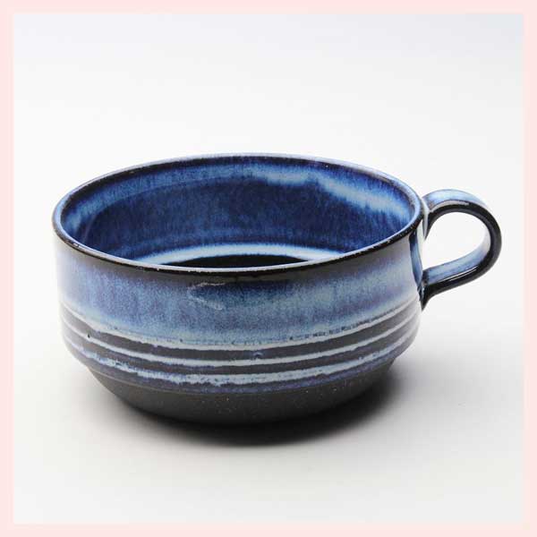 （３Ｐセット）美濃焼（磁器）　彫線紋のスープカップ／青