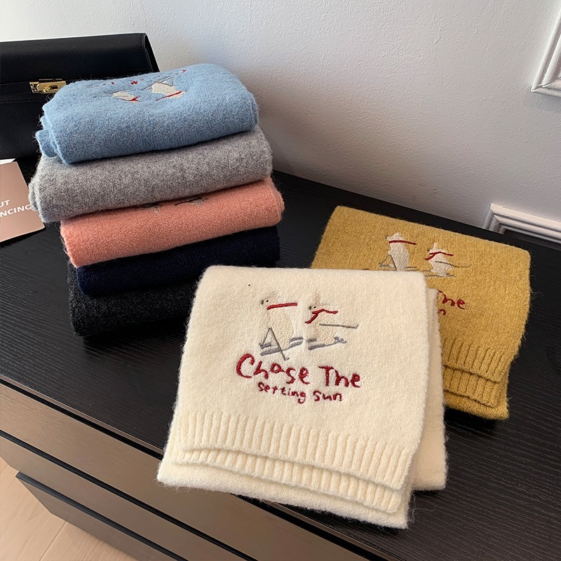 10個セット 韓国刺繍学院風ニットマフラー女性の秋冬暖かく着るスキーベアマフラー