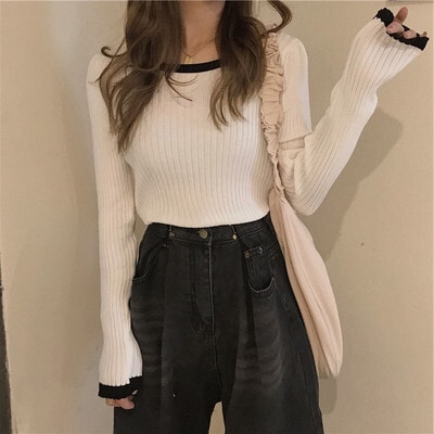 トップス カットソー ニットソー セーター 袖あり 長袖 ホワイト アプリコット ブラック きれいめ シンプル カジュアル 大人 おしゃれ 主役級 存在感 春 秋 冬 10代 20代 30代 個性的
