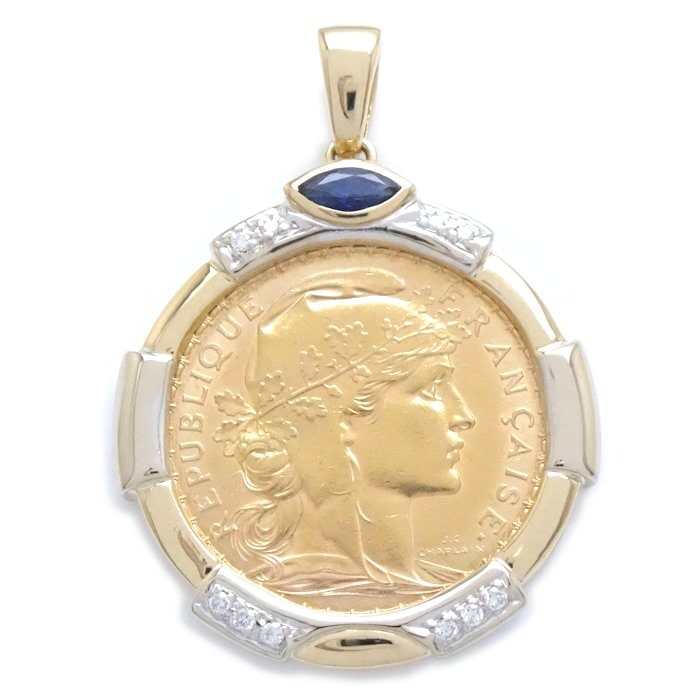K21.6 20フラン コイントップ 金貨 サファイヤ ダイヤモンド0.07ct K18YG イエローゴールドxK18WG ホワイトゴールド /78945【中古】