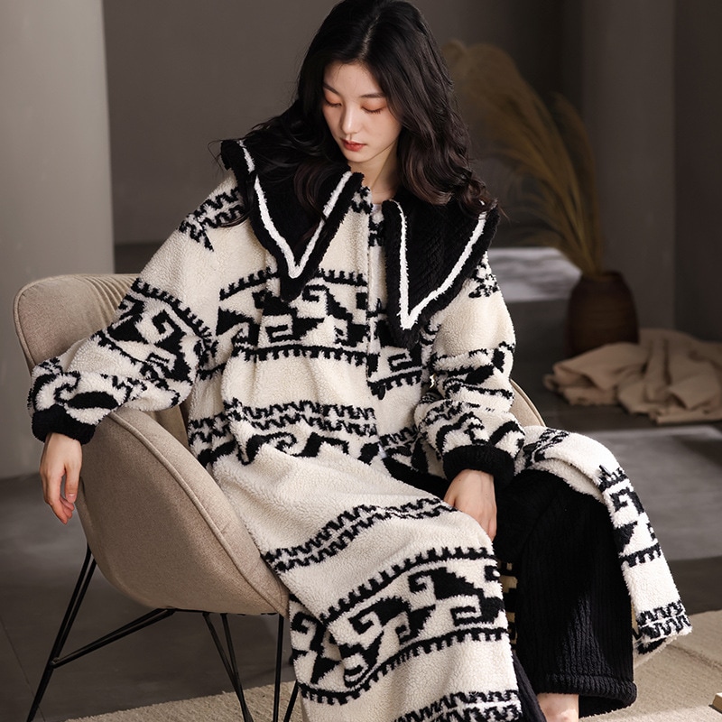 パジャマ レディースネグリジェ長袖の家着セット快適でカジュアルフリース裏起毛セットアップルームウェア寝間着部屋着