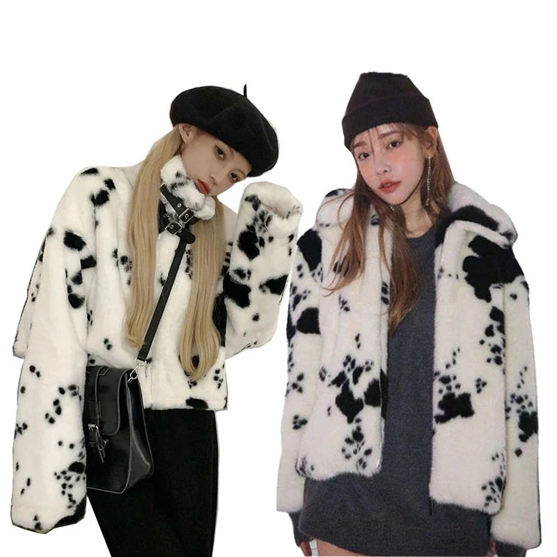 ダルメシアン柄　アニマル柄　ファージャケット　ボアジャケット　ファーコート オーバーサイズ 防寒 アウター 暖かい 韓国ファッションメガ割