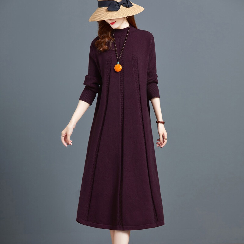 ワンピース フレアワンピース ミモレ丈 ロング丈 袖あり 七分袖 Uネック ハイネック フレア ワイド Aライン プリーツ ニット かわいい 可愛い きれいめ シンプル カジュアル 上品