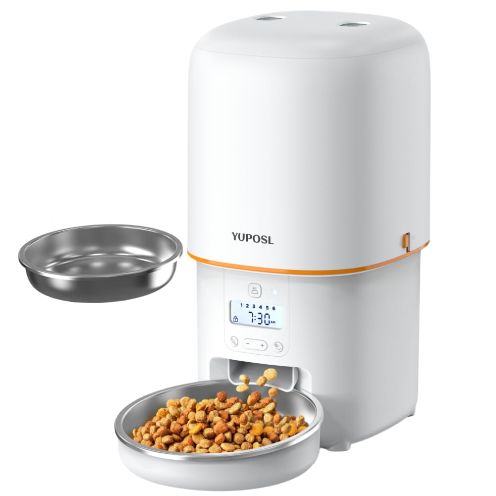 Yuposl 自動給餌器 猫 中小型犬用 1日6食 定時定量 自動餌やり機 4L容量 2WAY給電 無制限置き場所 手動給餌 タイマー式 ステンレス製ボウル 水洗い可能 お手入れ簡単 ホワイト