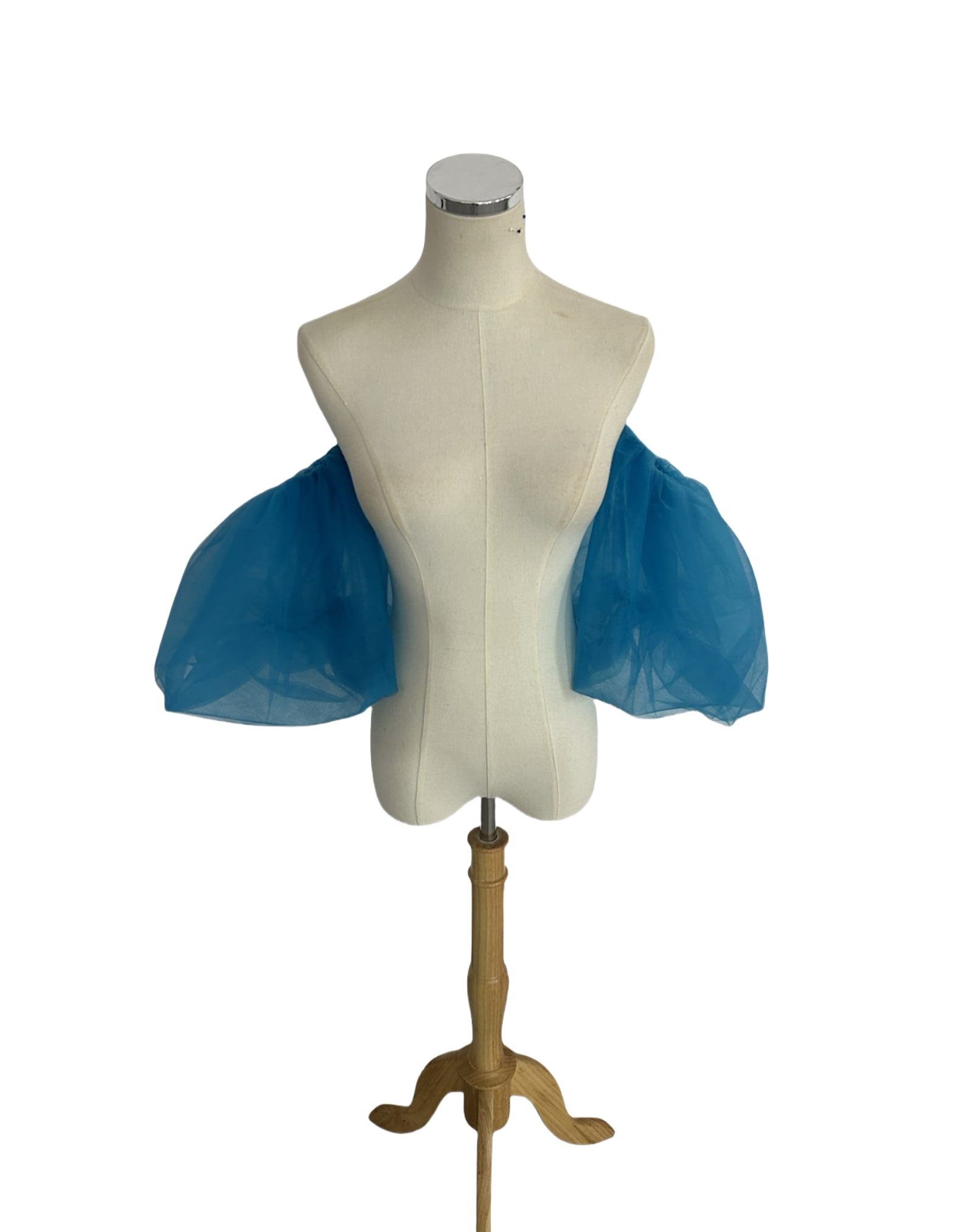 可愛い 取り外し袖 ブルー パフスリーブ ソフトチュール ストレッチ 花嫁