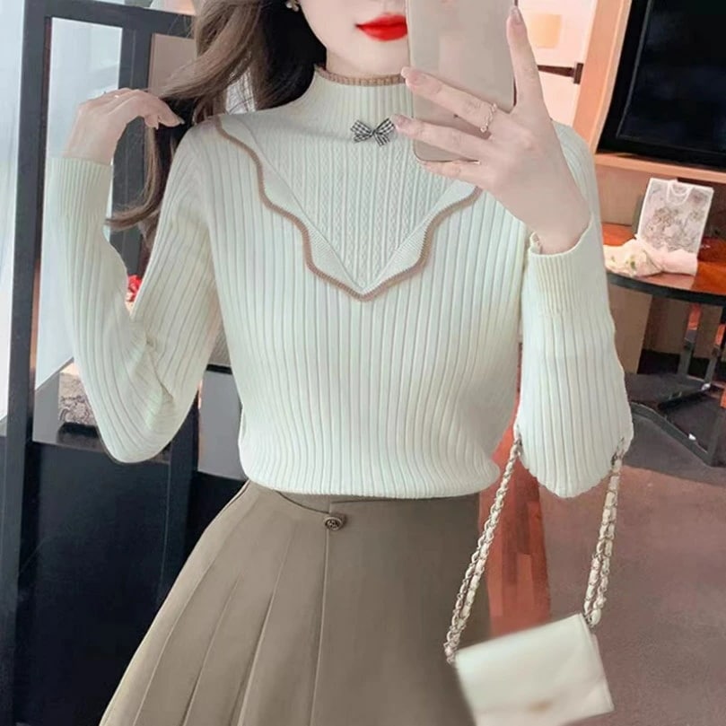 クーポン レディース 長袖 プルオーバー セーター フィット ベーシック タートルネック トップス ファッション ストレッチ ニット ストライプ リブニット 秋冬 大人 魅力 華奢見え ハイネック 重