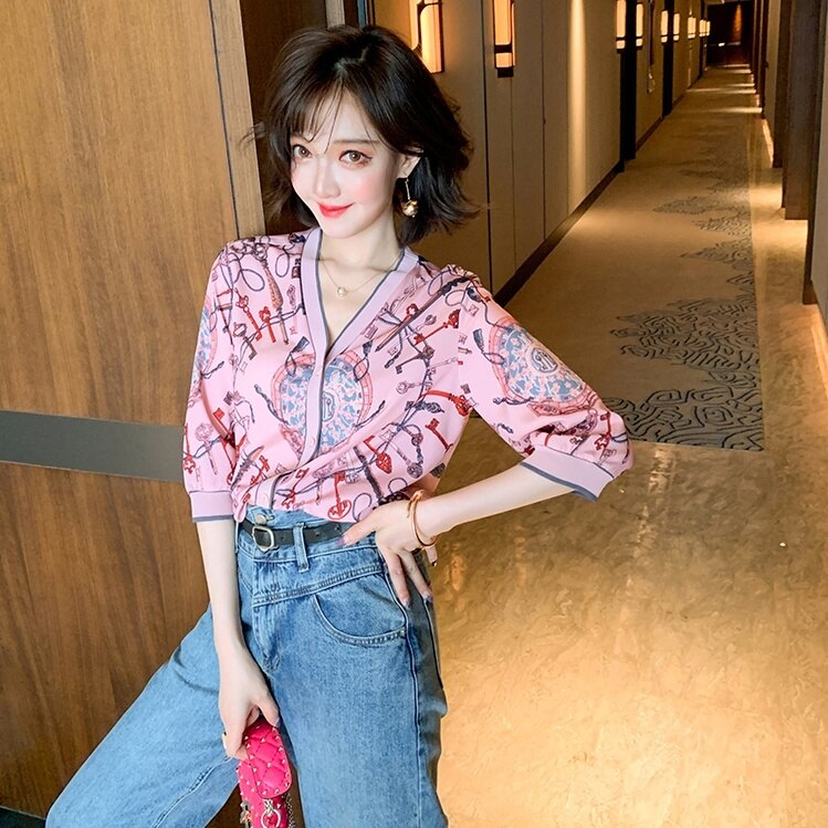 レディース カーディガン プリント 桃色 2color 春夏 夏春 春 夏 七分丈 Vネック