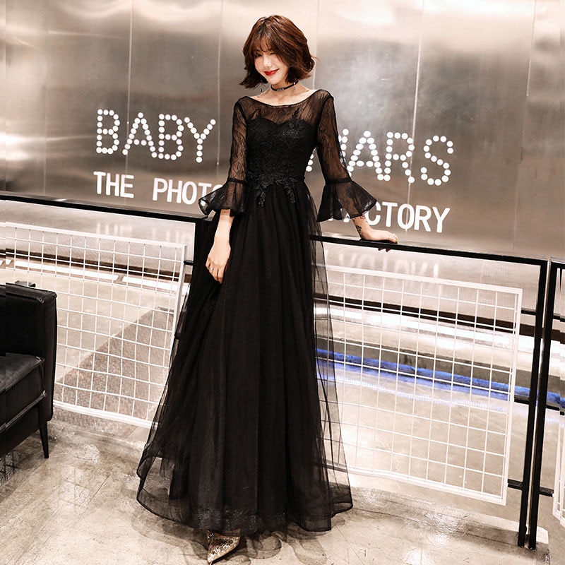 期間限定ウェディングドレス ウエディングドレス カラードレス カクテルドレス ロングドレス パーティードレス 発表会ドレス 演奏会 ステージドレス イブニングドレス 大人 ブラック 9分袖 編み上げ