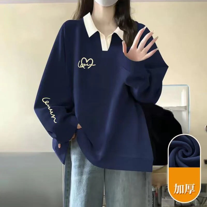 2025年新作アメリカンスタイルプチミドル丈カラーブロックポロカラー長袖スウェットシャツレディーストレンドの春秋トップス