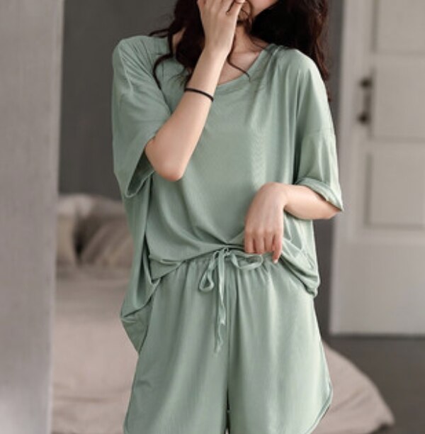 ルームウエア レディース 膝丈 ロング丈 半袖 ラウンドネック ウエストゴム 薄手 上下2点セット かわいい シンプル ガーリー ラフ 無地 春 夏 秋 ママ 楽ちん お揃い ゆったり ピンク