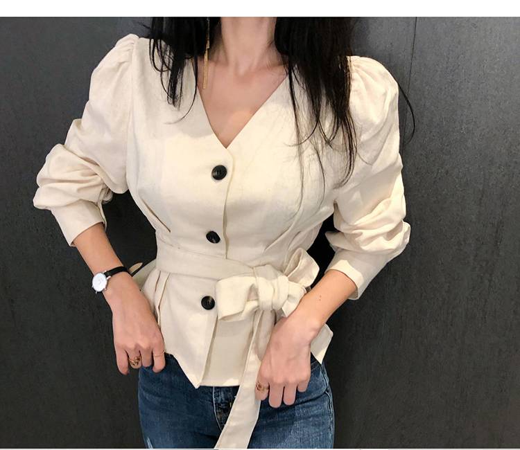 Vネック長袖ブラウス トップス ブラウス 白トップス ショート ショート丈 袖あり 長袖 Vネック ウエストマーク ウエストリボン 大人可愛い きれいめ おしゃれ お洒落 ラブリー キュート ガー