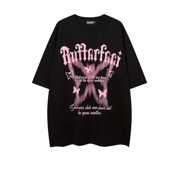 バタフライ プリント Tシャツ レディース トップス 半袖 ラウンドネック ストレート 綿 コットン カジュアル ボーイッシュ スポーティー クール カレッジ風 学生風 アメリカン 蝶 春 夏