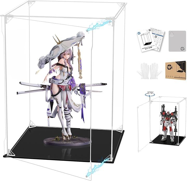 フィギュアケース UVカット アクリルケース マグネット付き 前扉 コレクションケース ディスプレイケース ショーケース 組み立て式 防汚れ (台座黒, 幅30x奥行30x高さ40cm)