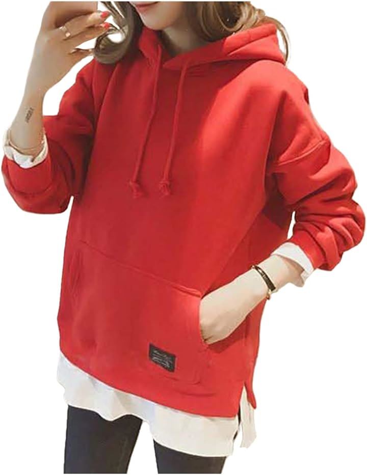 フード付きパーカー 裏起毛 フェイクパーカー トレーナー プルオーバー 前ポケット付き レディース(レッド, XL)