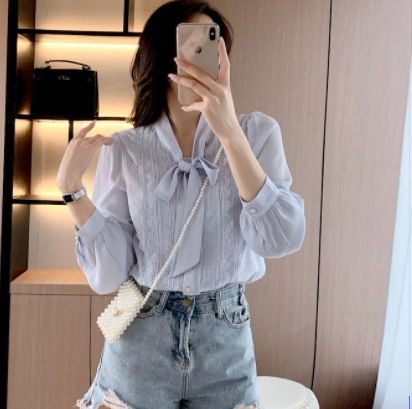 シフォンブラウストップス ブラウス ミディアム丈 袖あり 長袖 パフスリーブ 襟付き スカーフ 5,003円