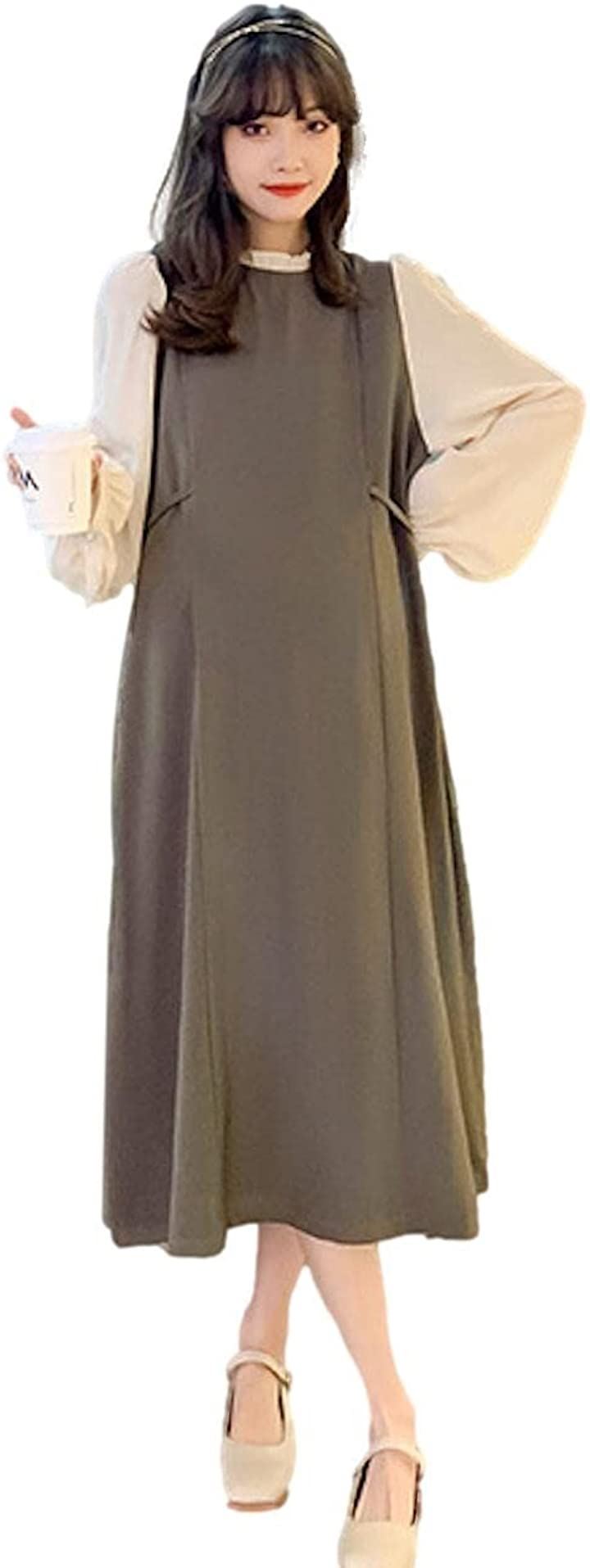 レイヤード風 ロング ワンピース 異素材 ドッキング 長袖 フレア(ベージュ, 2XL)