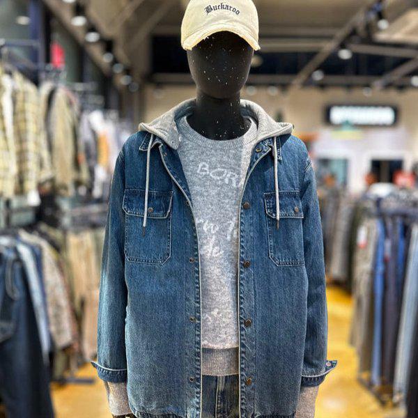 男性フード取り外し可能デニムシャツ - DG