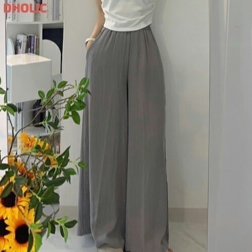 リネン混ワイドウエストゴムパンツ