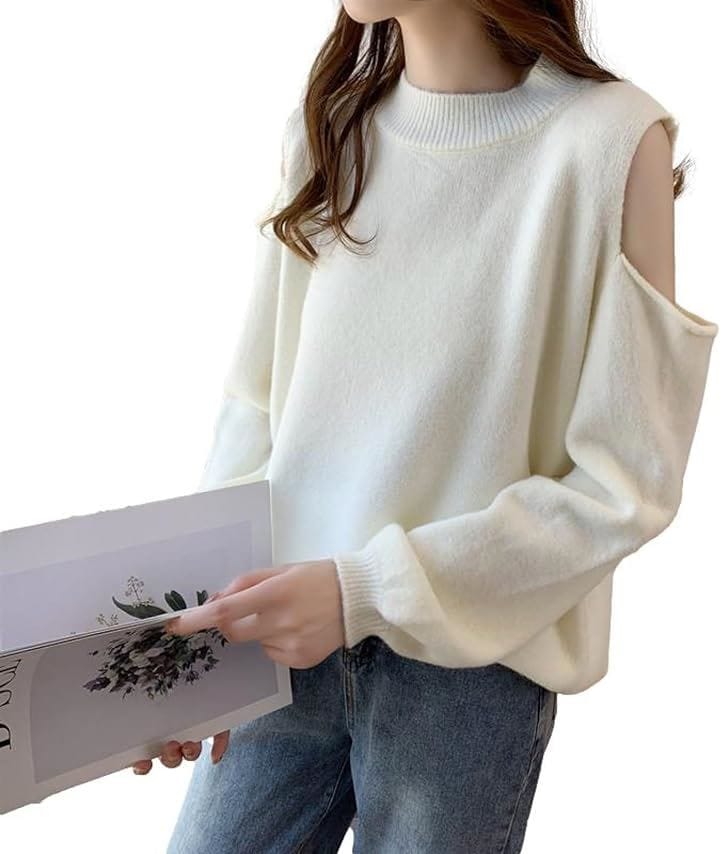 肩出しセーター ショルダーカット 長袖 ラウンドネック ニット ゆるシルエット パフスリーブ ヘルシーコーデ 大人リラクシー レディース( アイボリー, L)