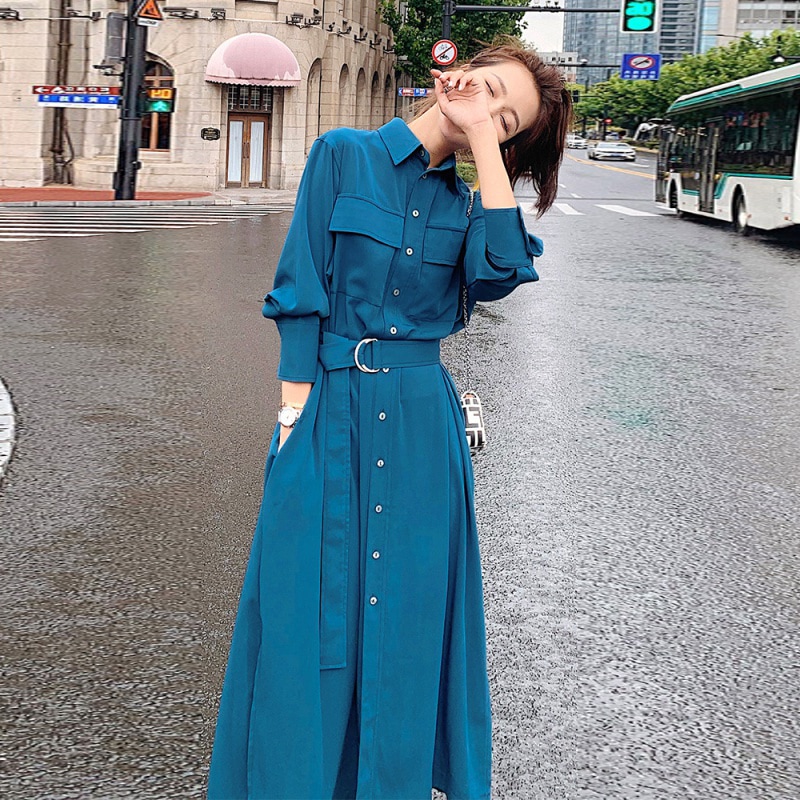 シャツワンピース トップス クラシック シンプル ブルー 青 ロング丈 袖あり 長袖 襟付き 5,260円