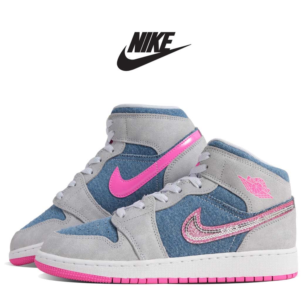 NIKE ナイキ エアジョーダン ミッド スニーカー AIR JORDAN 1 MID GS DENIM SEQUIN ( デニム DENIM グレー ピンク レディース ウィメンズ HQ1999-4