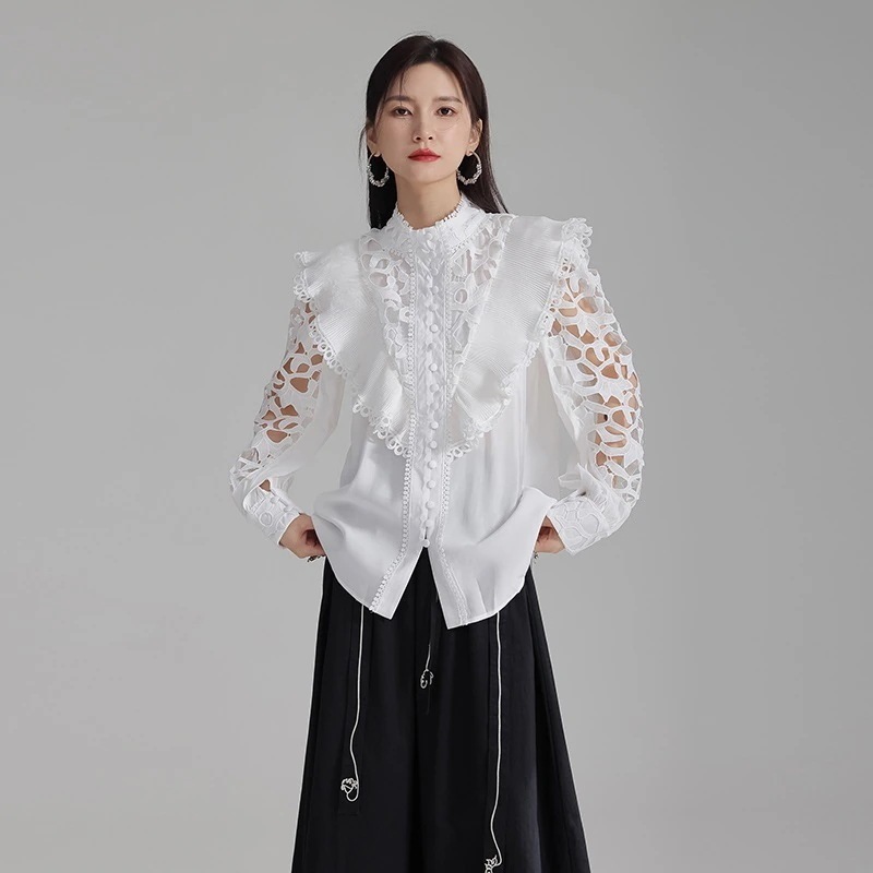 Tシャツカットソーシフォンブラウス2025春シャツフレンチ刺繍長袖個性デザインチュニック透かし彫り立ち襟ゆったり綿お肌に優しい着やせおしゃれランタン袖大きいスカート