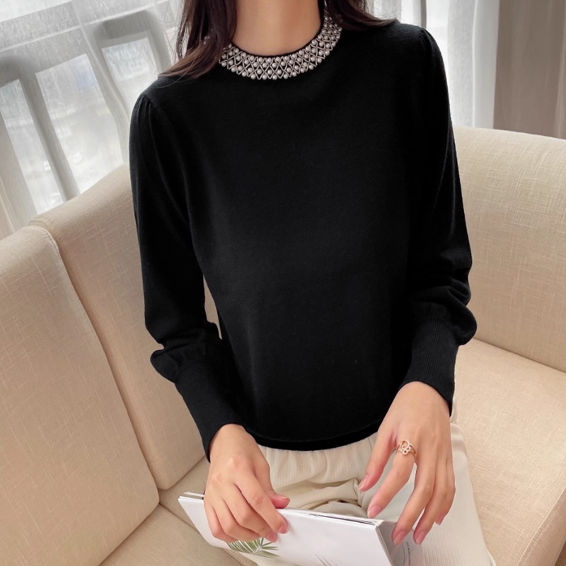 レディース ニット セーター プルオーバー 長袖 クルーネック 襟なし フェミニン ビジュー 大人可愛い きれいめ シンプル 上品 おしゃれ こなれ感 ラフ クール モード系 エレガント モダン