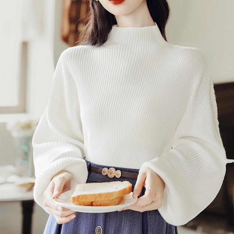 トップス ニットソー 長袖 ハイネック ボリューム袖 プルオーバー ミディアム丈 かわいい 大人可愛い きれいめ シンプル 上品 おしゃれ かっこいい カジュアル こなれ感 個性的 主役級 存在感