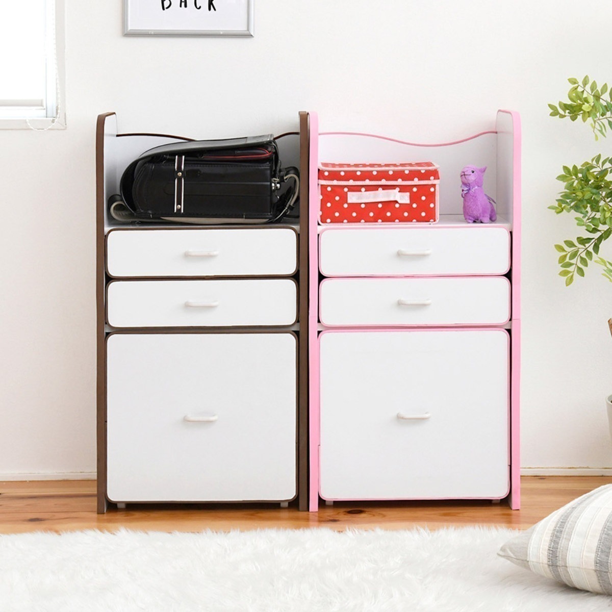 ランドセルラック キッズ収納 引出し付 エッジソフト 幅48cm 棚 ラック 収納 収納棚 収納ラック 多目的ラック 本 雑誌 小物 かわいい 白 茶色 ピンク 子ども部屋 リビング